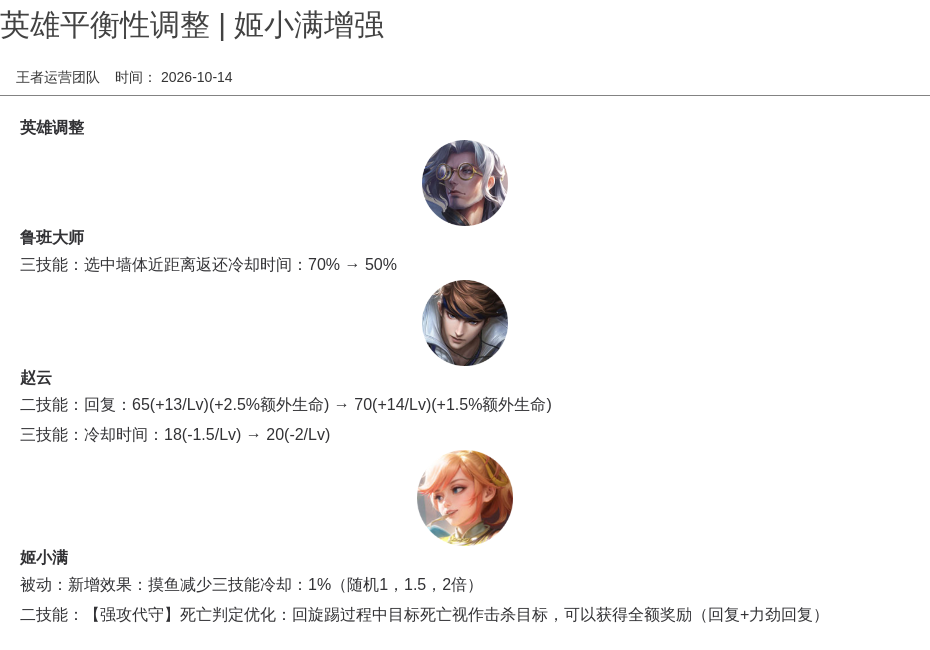 英雄平衡性调整 | 姬小满增强